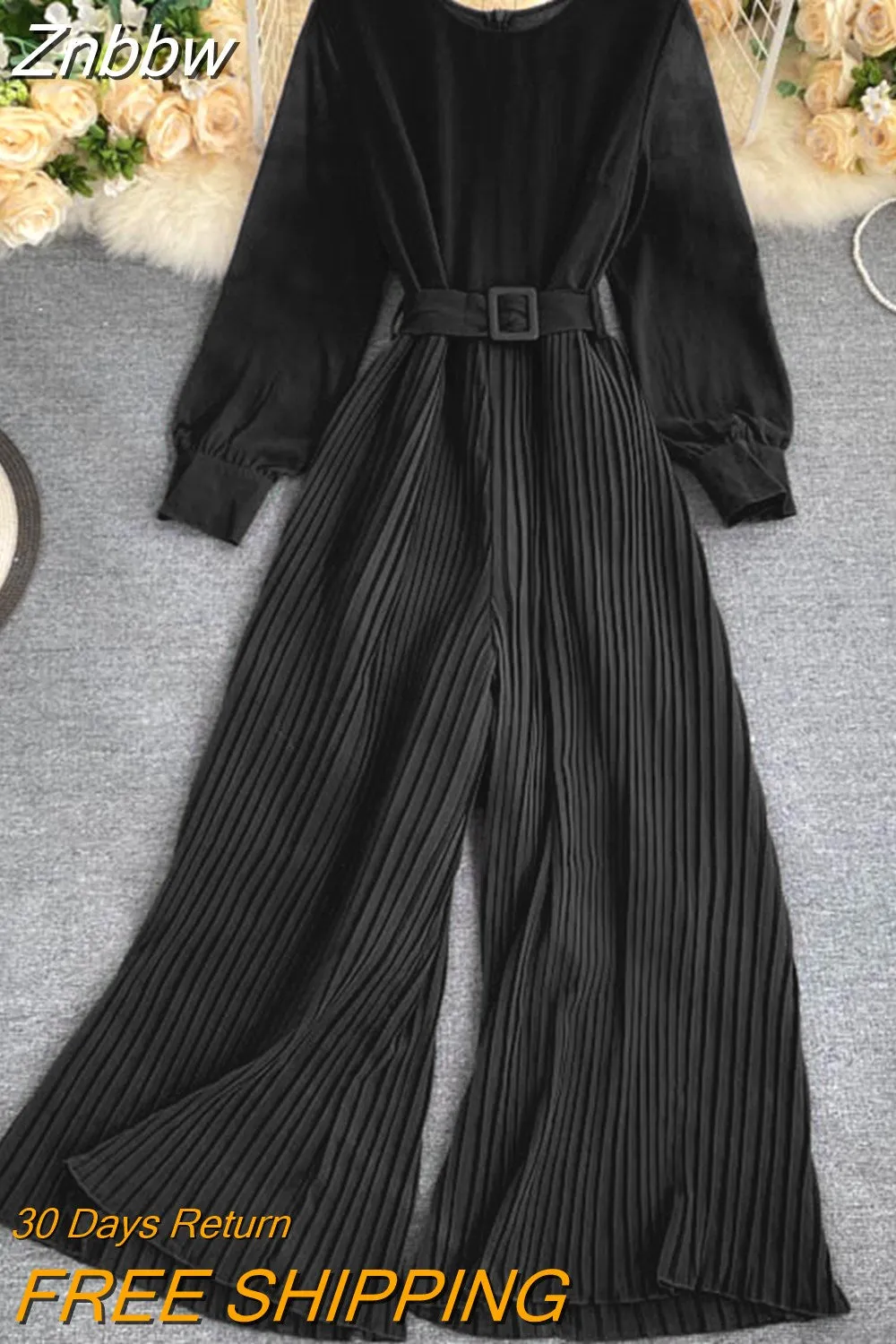 Znbbw Women's Spring Autumn Jumpsuit New Solid Color Round Neck Long-sleeved Pleated Wide-leg Pants Lace Up Thin Jumpsuit LL061 - Image 5