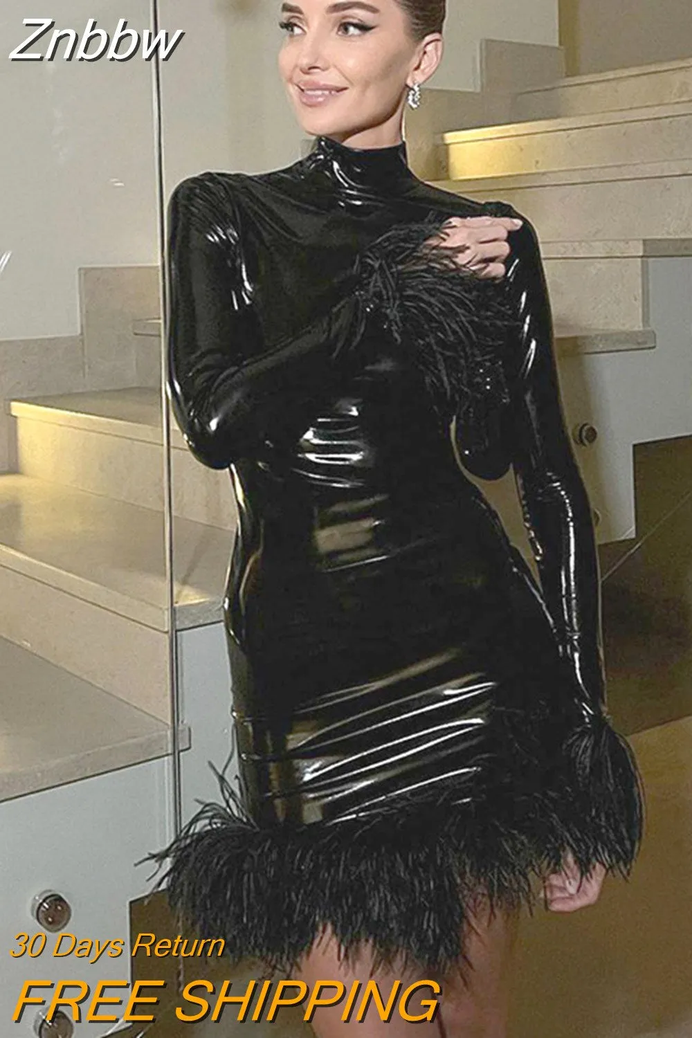 Znbbw Women Long Sleeve Party Club Bodycon Streetwear Leather Black Mini Dress 2023 Fall Clothing Wholesale Items For Business - Image 2