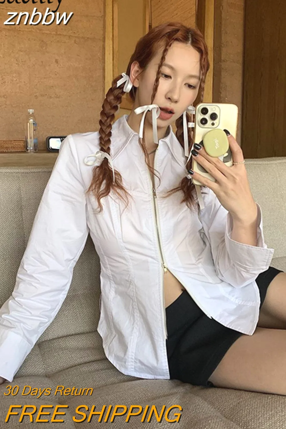 znbbw 2023 Spring Korea Style Long Sleeve Women White Shirt Y2K Slim Zipper Bandage Woman Blouse Streetwear Female Clothing Top