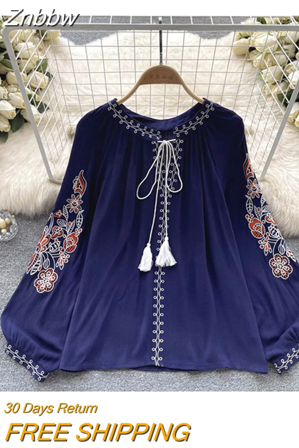 Znbbw Women Autumn Winter Blouse French Shirt with Foreign Air Thin Retro Ethnic Style Embroidery Printing Lace Up Chic Shirt D2533