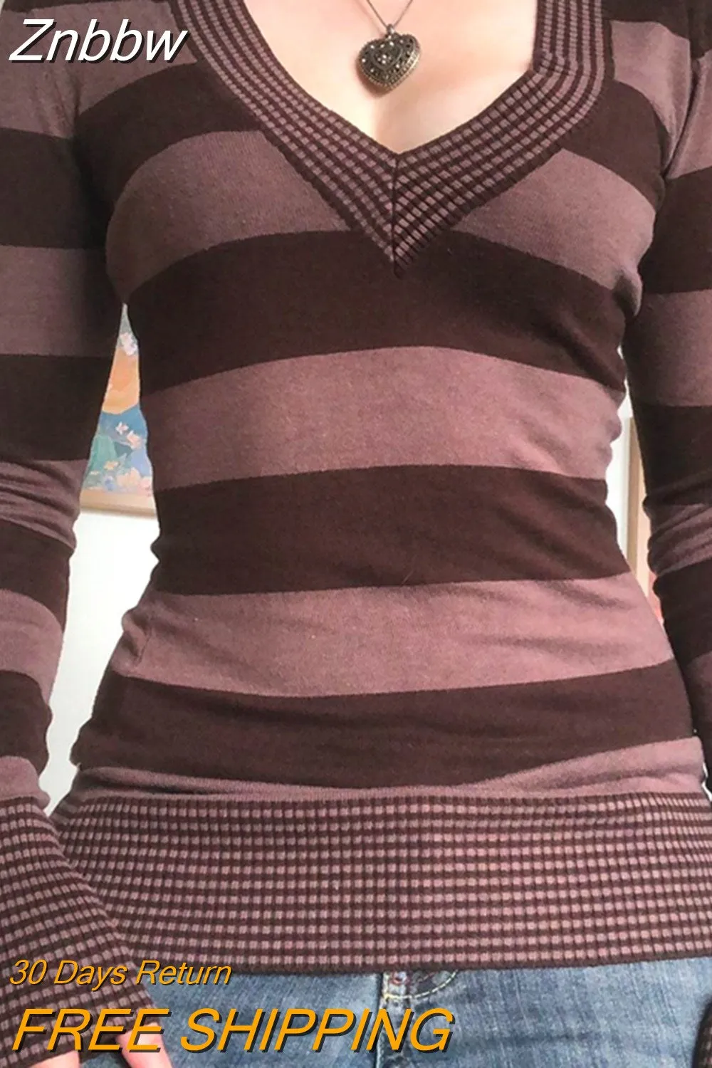 Znbbw Striped Knitted Crop Top Fairy Grunge Aesthetic Women Fall Winter V Neck Full Sleeve T Shirt Vintage Harajuku 2000s Clothes - Image 5