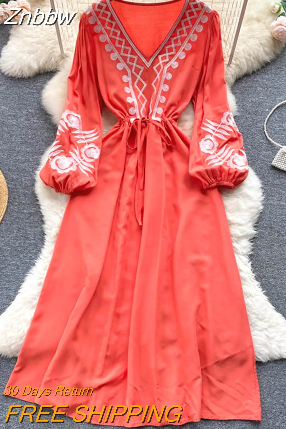 Znbbw Autumn Waist Slim Embroidery Temperament V-neck Dress Female Hepburn Style Lantern Sleeve Black Long Vestidos Women D1570 - Image 6