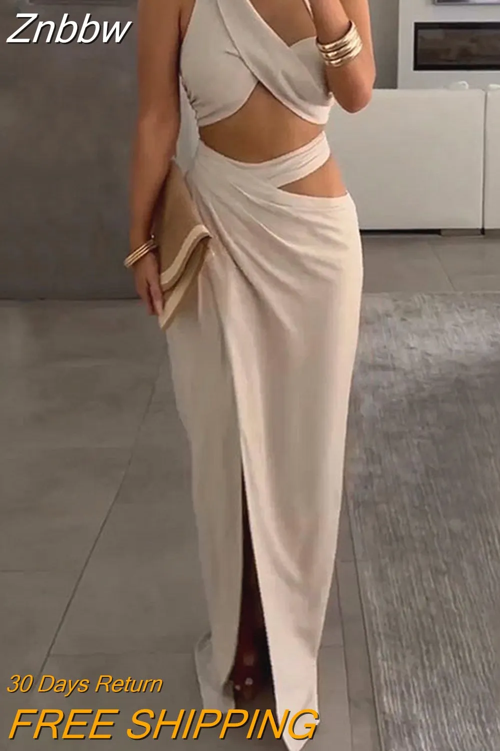 Znbbw Women Two Piece Set Fashion Sexy Solid One Shoulder Sleeveless Top Loose Slit Cutout Long Skirt Sets High Streetwear - Image 3