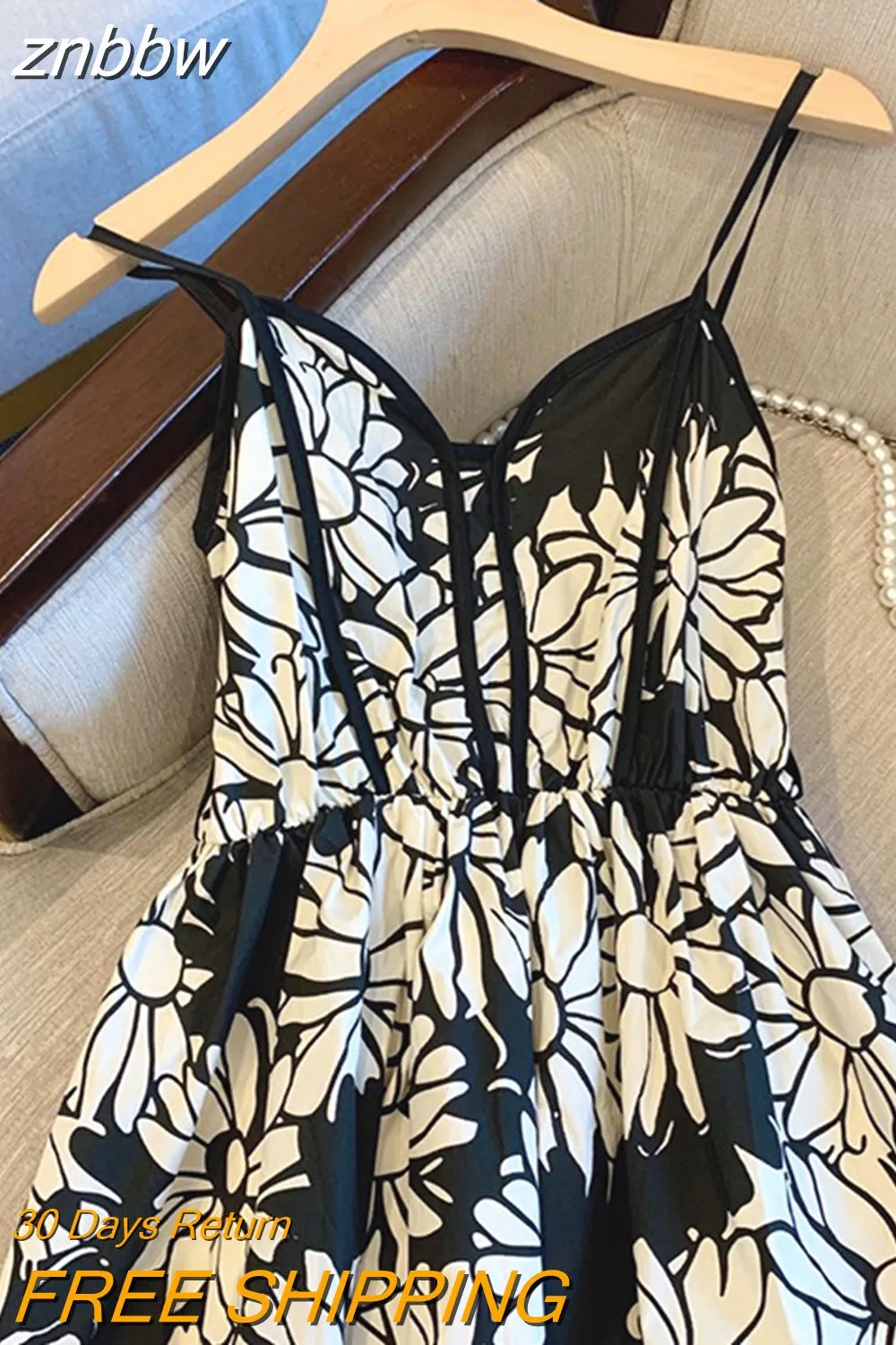 znbbw Women Summer Sexy Backless V-Neck Floral Print Suspender Dresses Vestido 2023 Spring French Vintage Party Dresses Female Vestido - Image 2