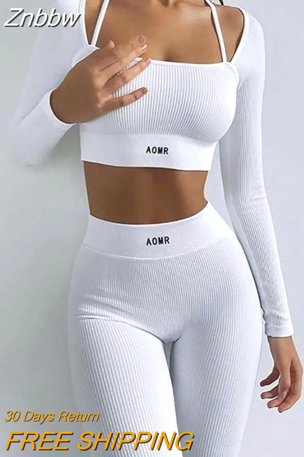 Znbbw 2023 Spring Autumn Design Sports Fitness Long Sleeve Crop Top And Pant Set Women Knitted Yoga Two Piece Set