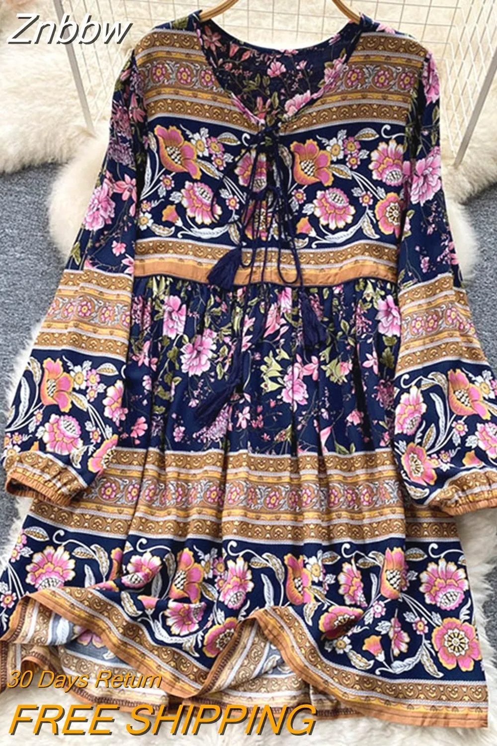 Znbbw Autumn Women's Travel Holiday indie Style Dress New Sweet Loose Thin Printed Long-sleeved Mid-length Dress GD647 - Image 6