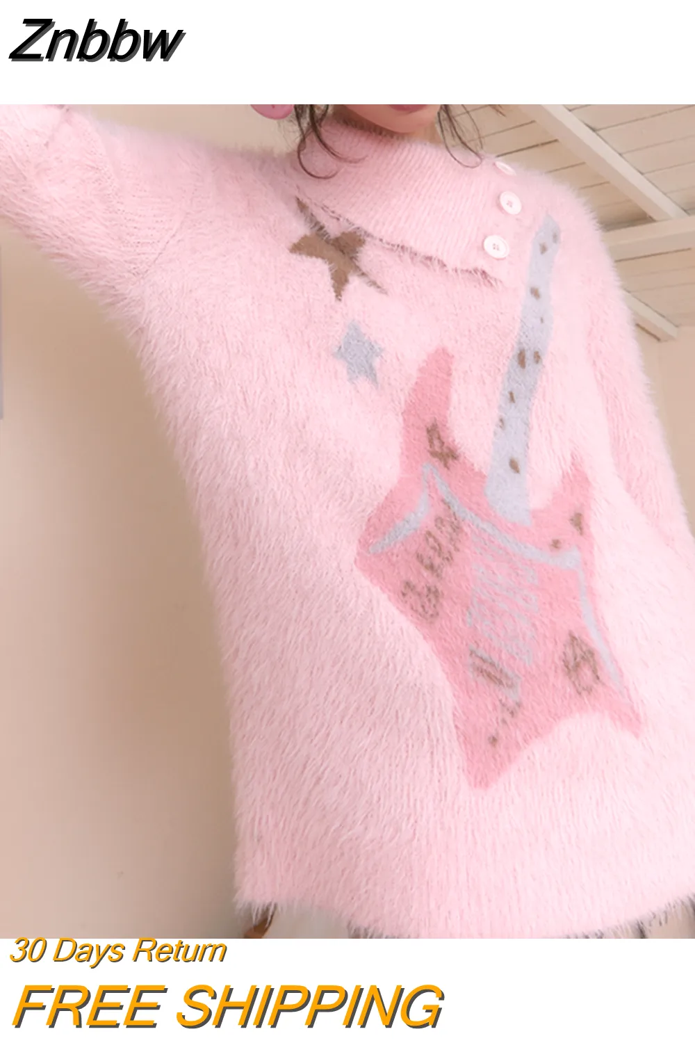 Znbbw Vintage Pink Slouchy Sable Hair Star Print Band Girls' Polo Women's clothing Neck Warm Pullover Autumn Winter Sweater