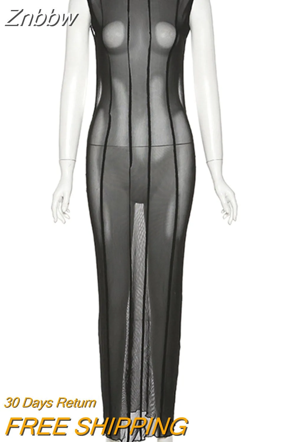 Znbbw Mesh See Through Slim Fit Maxi Dress Women Backless O Neck Sleeveless Lace Up Party Vestidos 2023 New Night Prom Clothes - Image 4