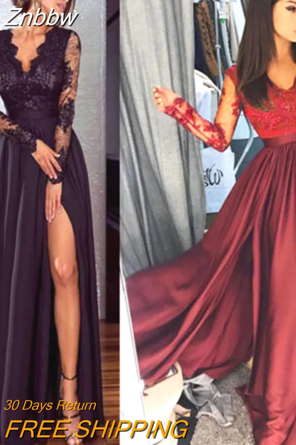 Znbbw Elegant Ladies Women Sexy Long Sleeve High Waist Lace Slim Fit V Neck Party Formal Split Maxi Dress Black/Wine Red