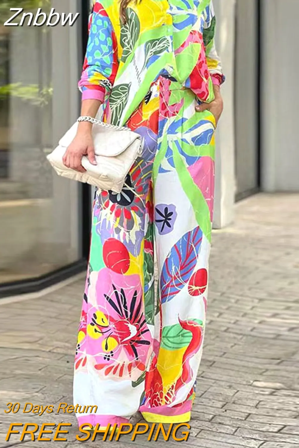 Znbbw Long Sleeve Printed Shirt 2 Piece Set Women Elegant Lapel Single-breated Top Suits Female Fashion Wide Leg Pants Outfits