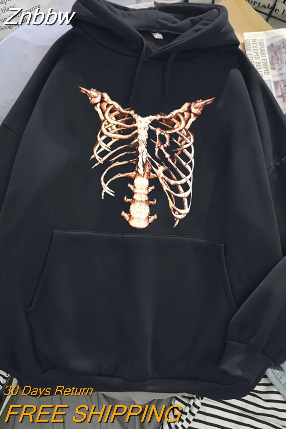 Znbbw Y2K Harajuku Anime Gothic Hoodies Korean Style Loose Skull Print Goth Grunge Long-sleeved Hooded Coat Solid Color Retro - Image 5