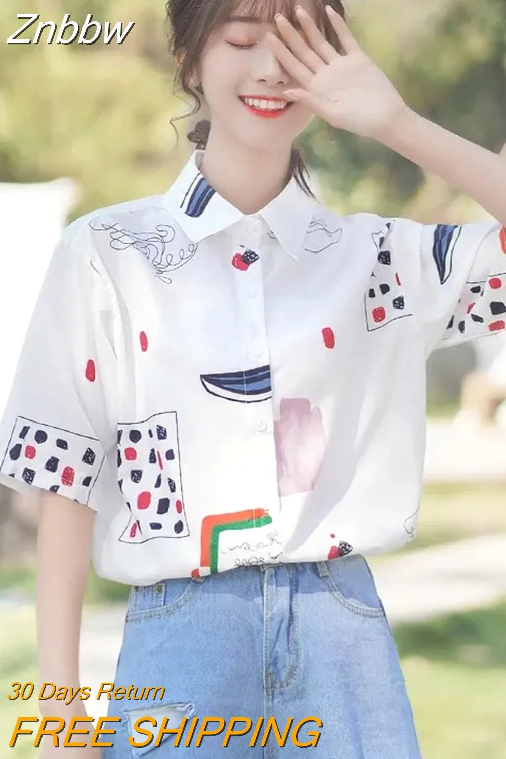 Znbbw Women Shirts Cartoon Printing Lovely Designed Ins Loose Students Chiffon Summer Soft Breathable All-match Streetwear Fit - Image 3