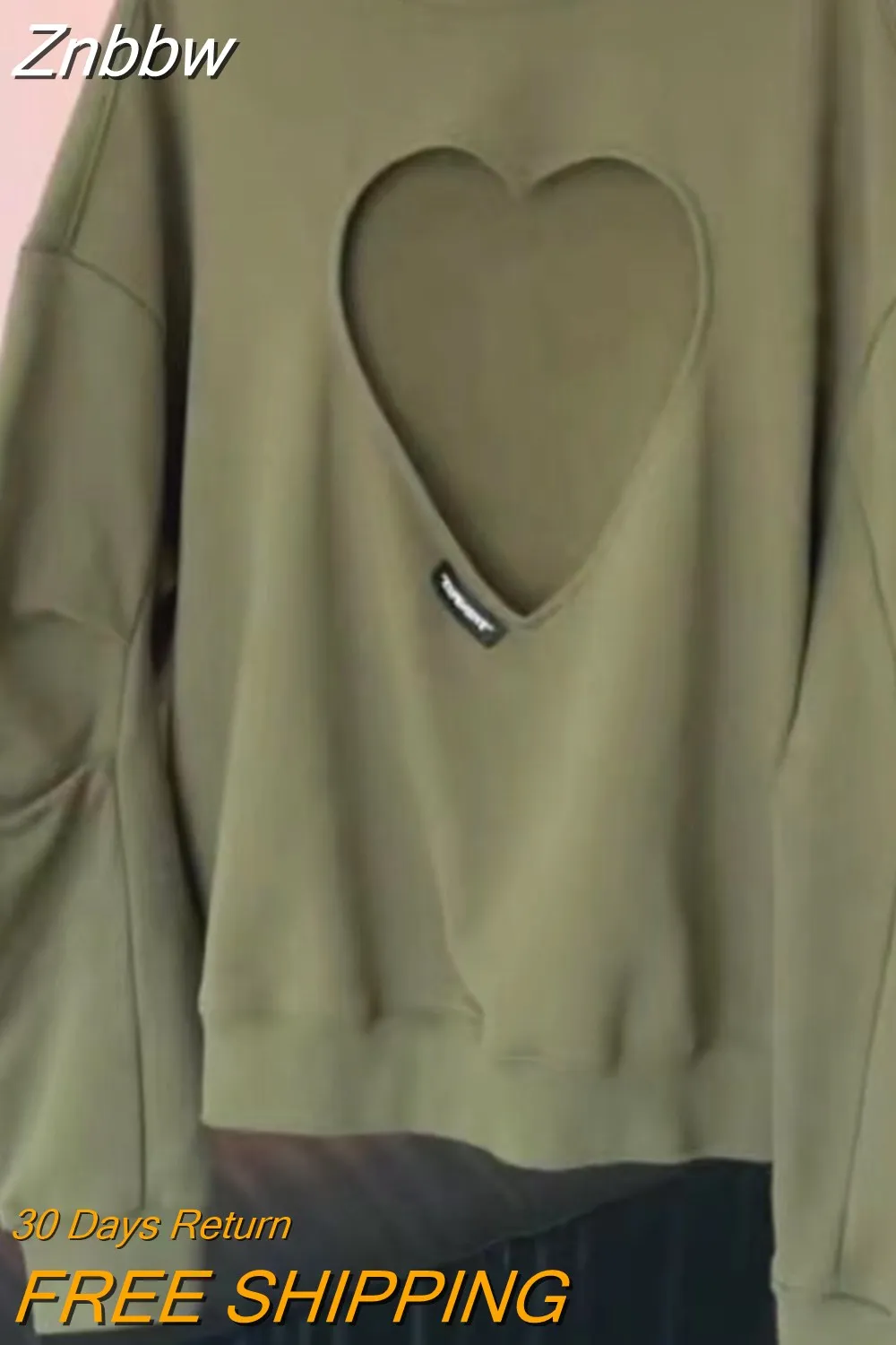 Znbbw Y2K Korean Style Hollow Out Heart Hoodies Women Vintage Sexy Plus Size Sweatshirts E-girl Long Sleeve Green O-neck Tops - Image 2