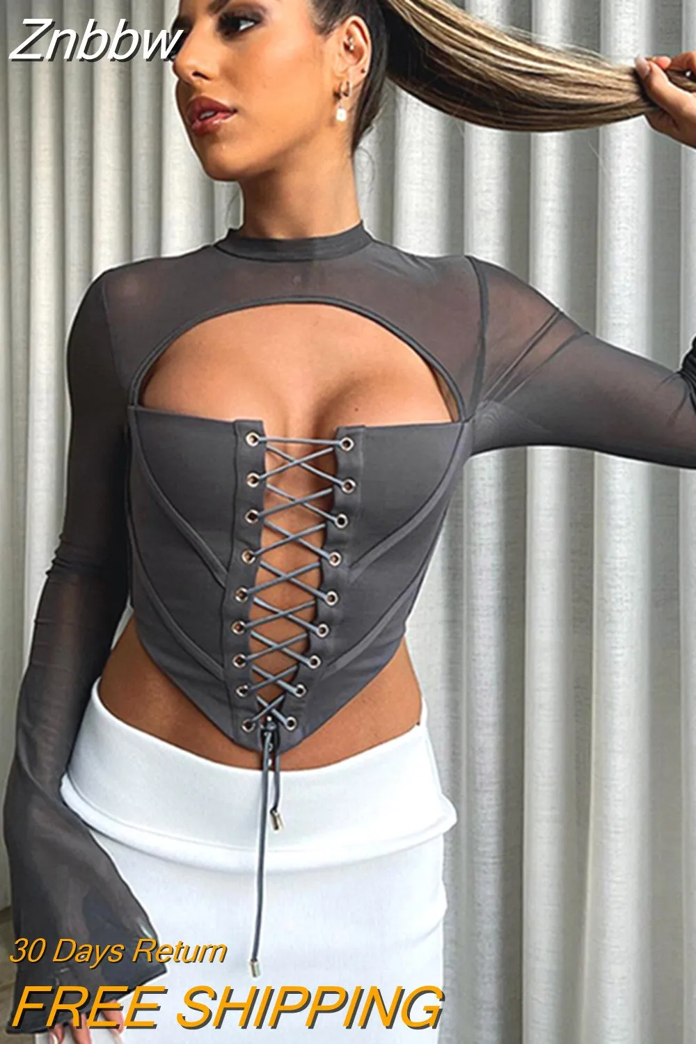 Znbbw Mesh Patchwork Lace Up Corset T-Shirt Women Flare Long Sleeve Cut Out Tee Shirt 2023 Spring Fall Harajuku Y2K Clothes