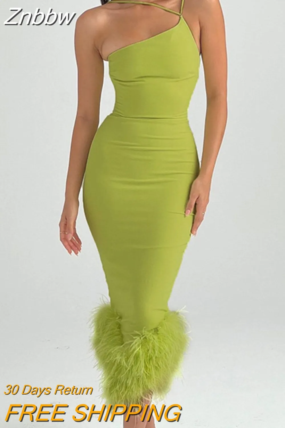 Znbbw Elegant One Shoulder Feather Bottom Midi Dress For Women Robe Summer New Sleeveless Bodycon Long Dress Clubwear