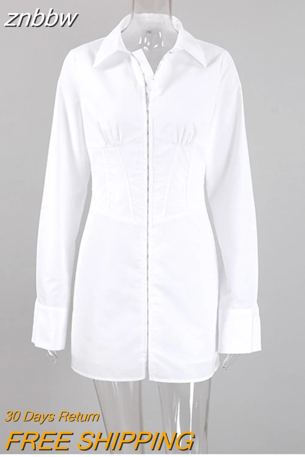 znbbw 2023 Spring Office Lady Long Sleeve Women Shirt Dress Korea Style Bodycone White Button Up Work Woman Mini Dresses - Image 2