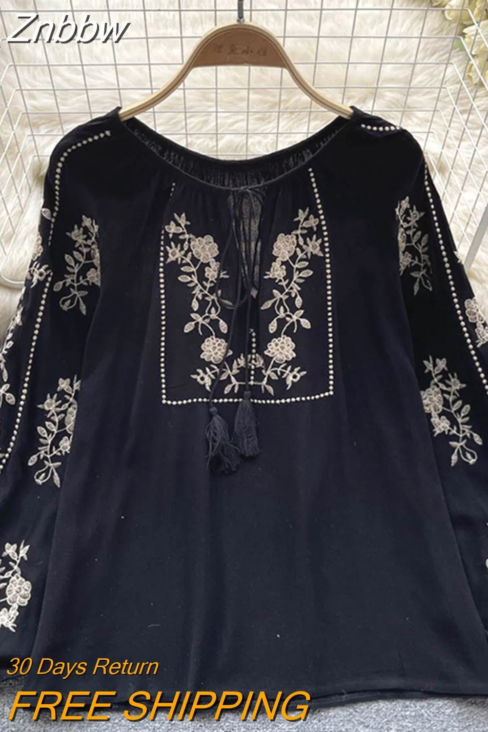 Znbbw Women Spring Summer Blouse French Printed Shirt New Loose Long Sleeve Design Small Retro Lantern Sleeve Embroidery Top D2532 - Image 8