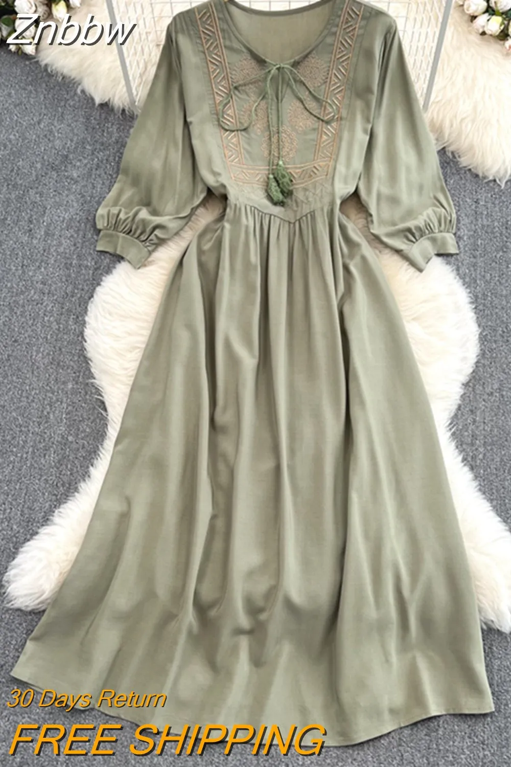 Znbbw Summer National Temperament Round Long Sleeve Embroidered Loose Lace A-line Dress Elegant Large Swing Vestidos D1571 - Image 5