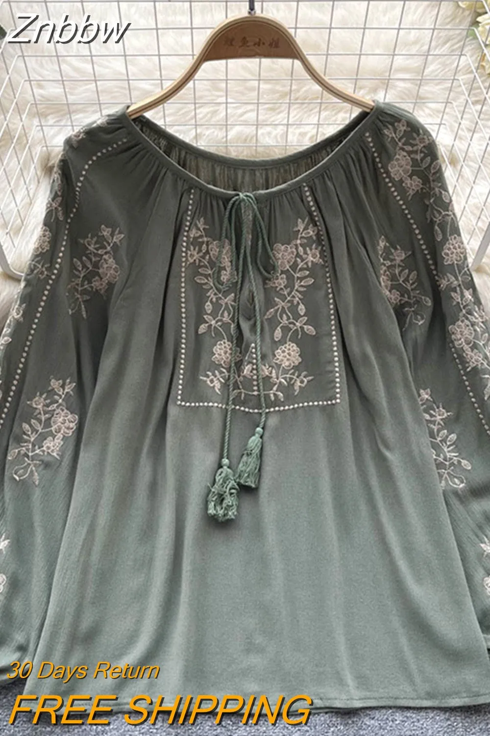 Znbbw Women Spring Summer Blouse French Printed Shirt New Loose Long Sleeve Design Small Retro Lantern Sleeve Embroidery Top D2564 - Image 6