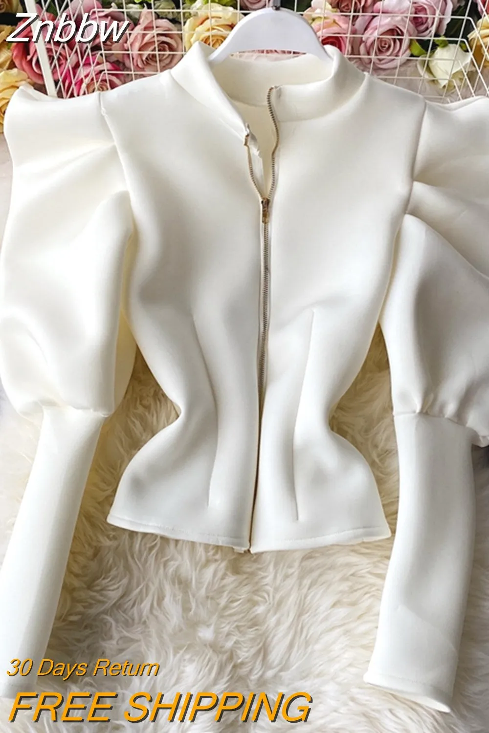 Znbbw Temperament Stand-up Collar Shirt Women New Sping Autumn Winter Slim Long-sleeved Puff Sleeve Top GX1462 - Image 6