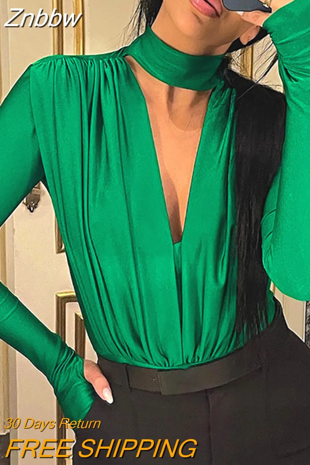 Znbbw 2023 New V Neck Pleated Women's Bodysuit Long Sleeve Solid Folds Top T-shirt Slim Romper Sexy jumpsuits & bodysuits