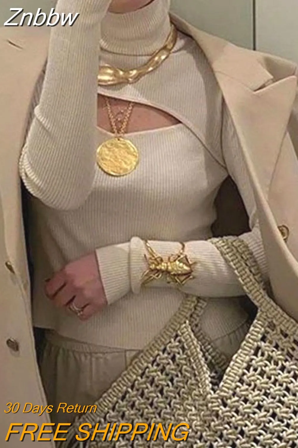 Znbbw Autumn Turtleneck Long Sleeve Hollow Out Slim Knitted Sweaters Women Fashion Sexy Ribber Knitwear Pullover Warm Sweater Top