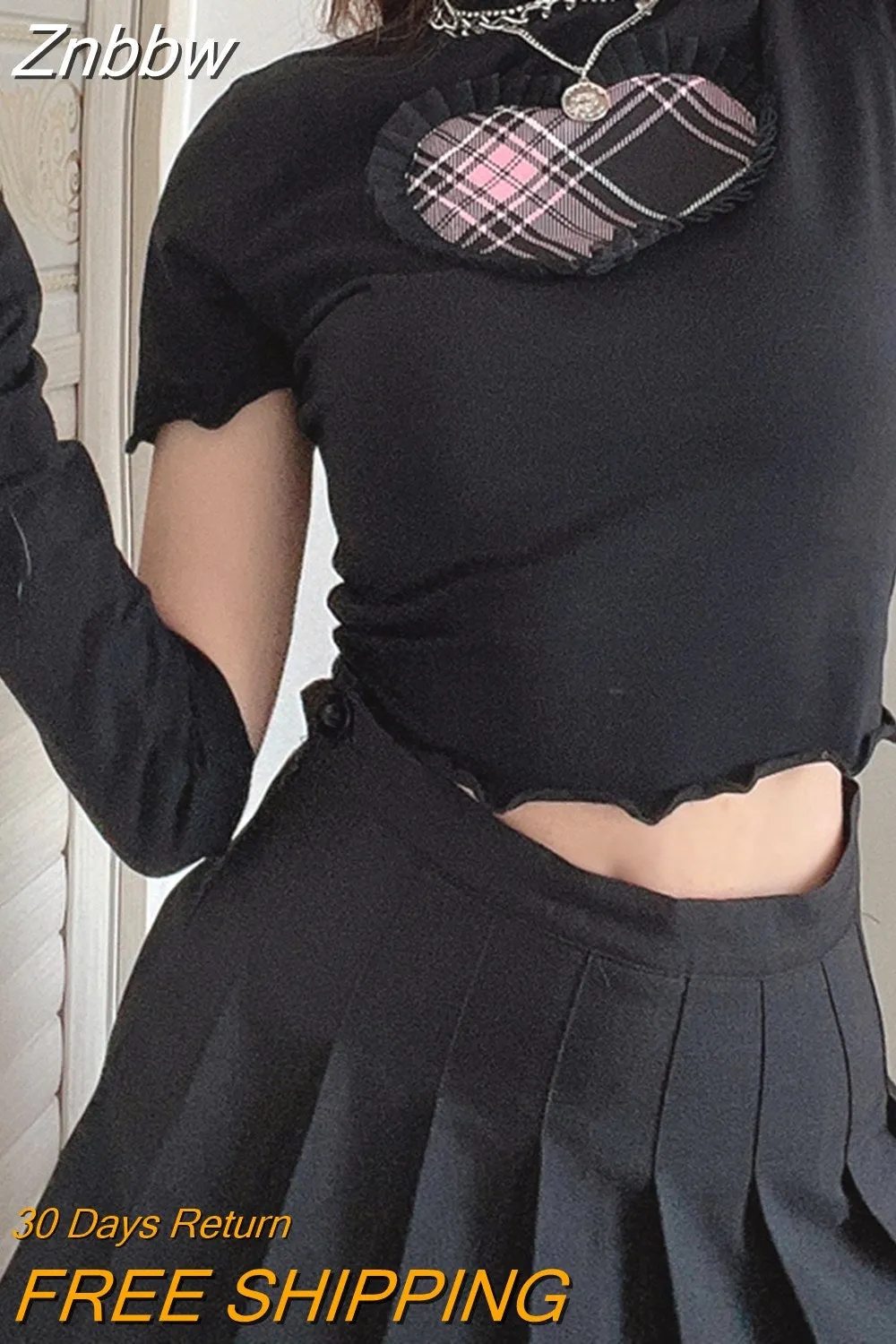 Znbbw Women Girls Sweet Sexy Punk Plaid Heart Patchwork T-Shirts Short Sleeve O Neck Slim Fit Casual Crop Top With Sleeve Streetwear