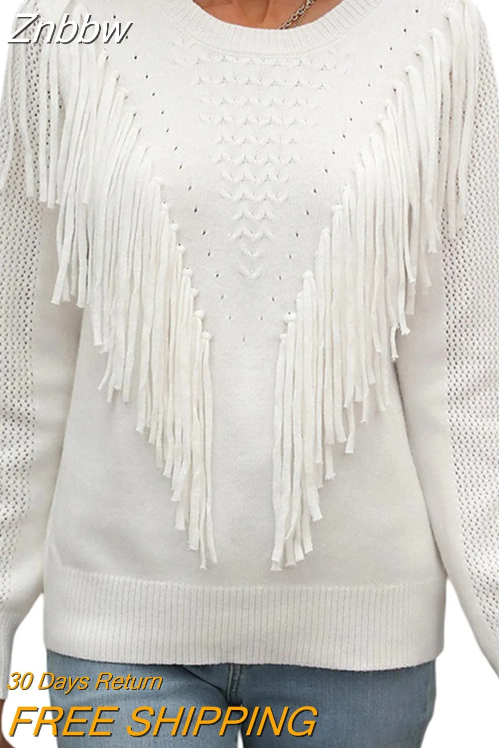 Znbbw Women Sweaters Tassels Autumn 2023 Solid Color Knitwear Long Sleeve Round Neck Fringe Decoration Hole Cutout Loose Sweater Tops - Image 6