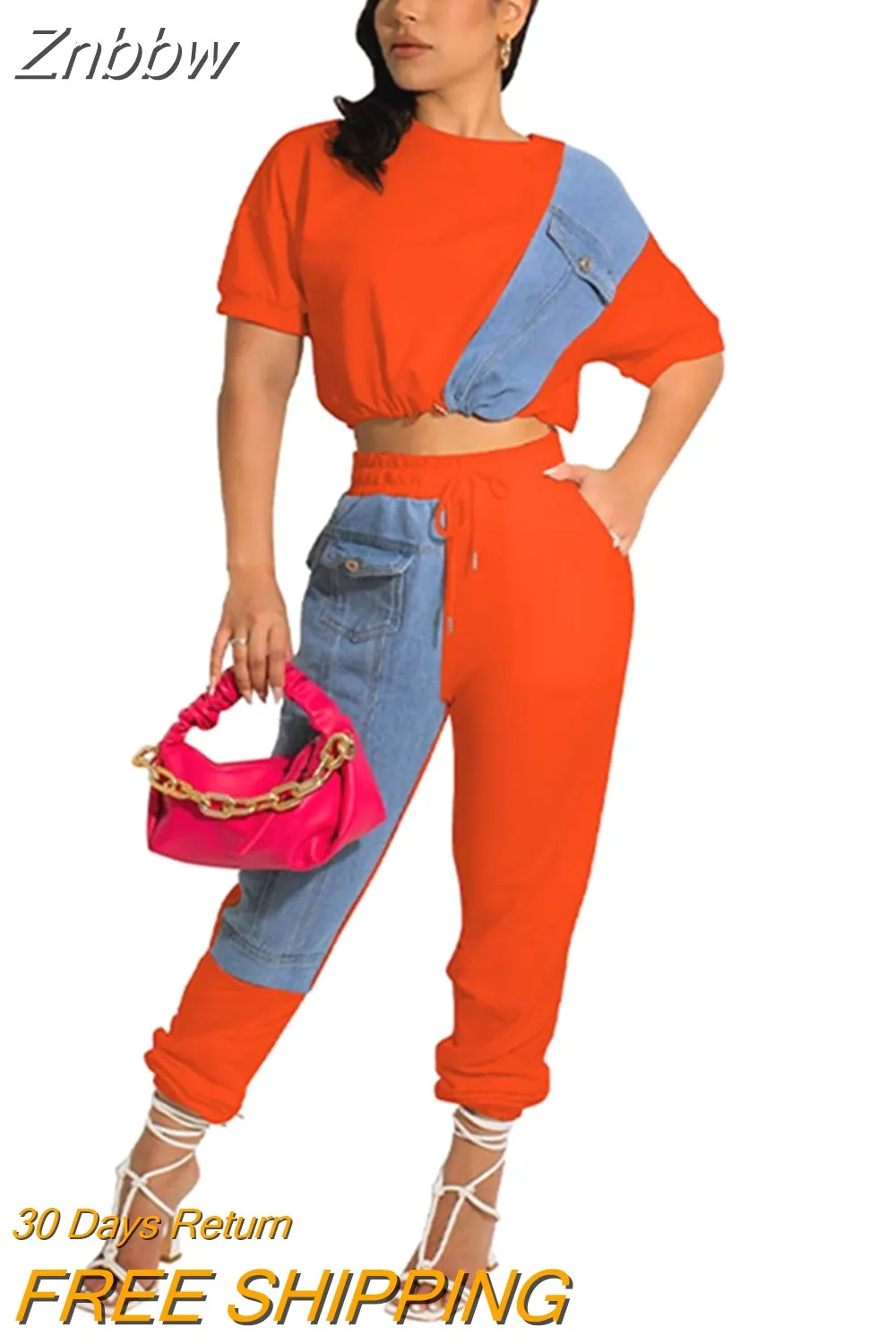 Znbbw Jean Patchwork Women Two 2 Piece Set 2023 Summer Tee And Jogger Pants Matching Set Female Suits - Image 5