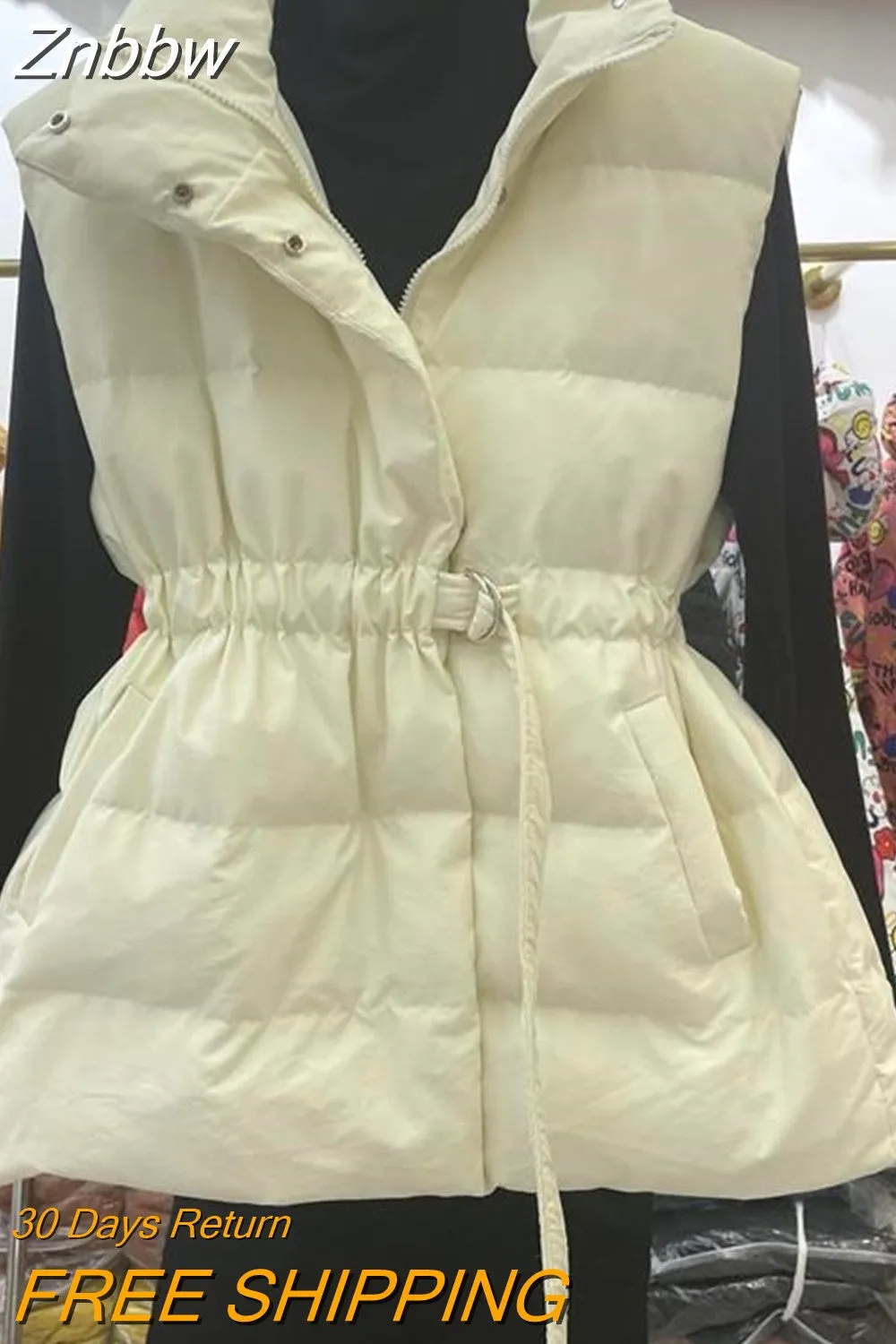 Znbbw Womens Down Vest Autumn Winter Solid Loose Drawstring Belt Stand Collar Windproof Lightweight Waistcoat Sleeveless Warm Vests - Image 6