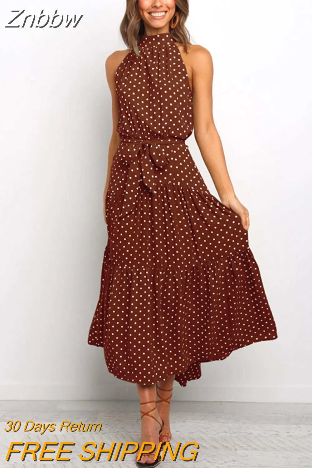 Znbbw Women Polka Dot Long Dress 2023 Summer Sexy Halter Strapless Casual Sleeveless Sundress Female Vacation Elegant Maxi Dresses - Image 4