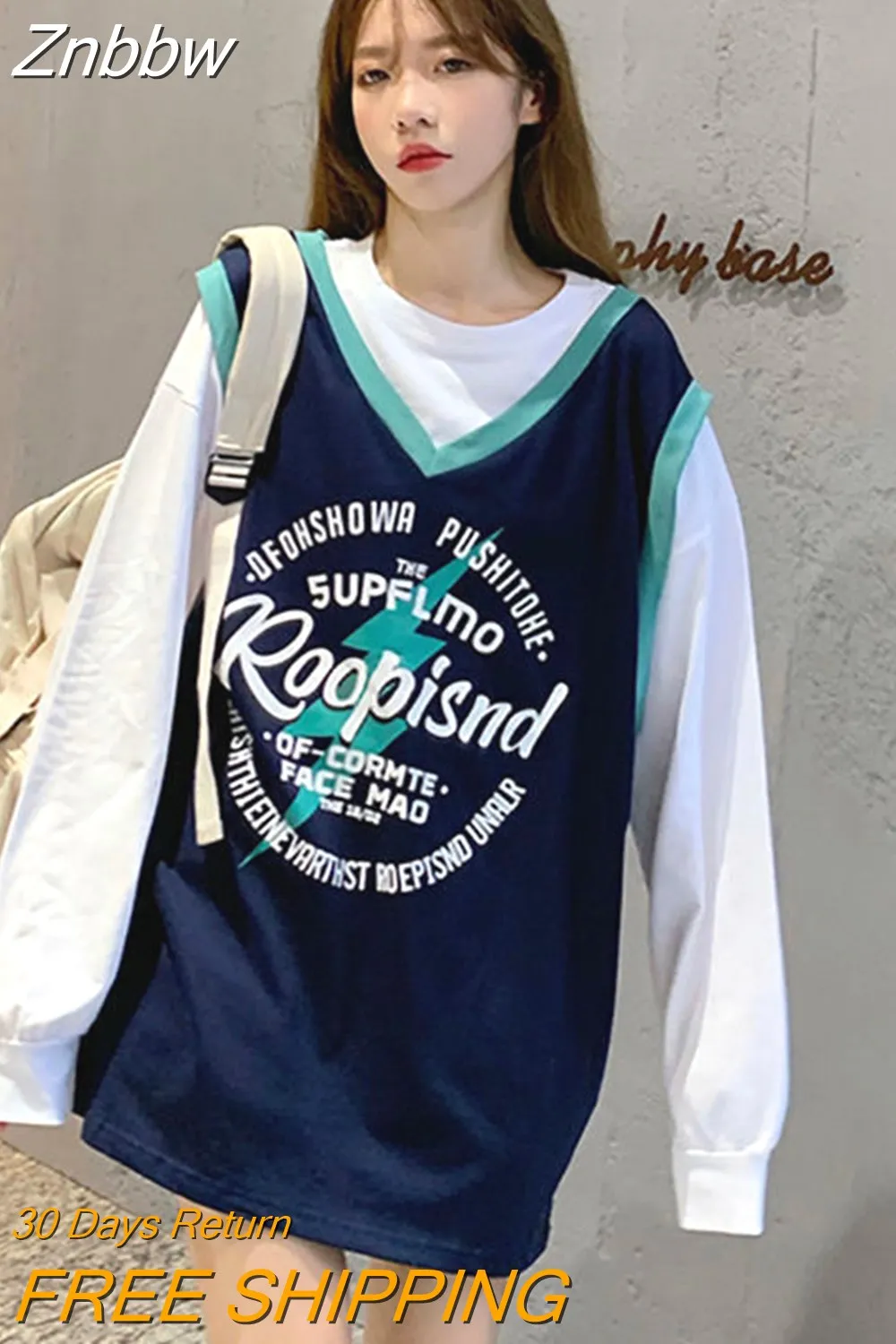 Znbbw American college style sweatshirt women oversized trend fried street hip-hop fake two-piece tops ins printed sweatshirt - Image 4