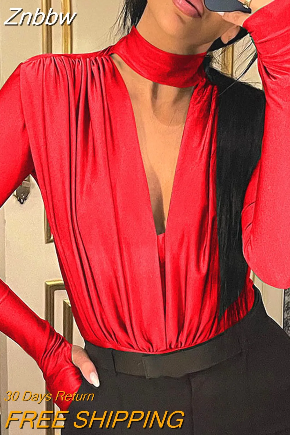 Znbbw 2023 New V Neck Pleated Women's Bodysuit Long Sleeve Solid Folds Top T-shirt Slim Romper Sexy jumpsuits & bodysuits - Image 5