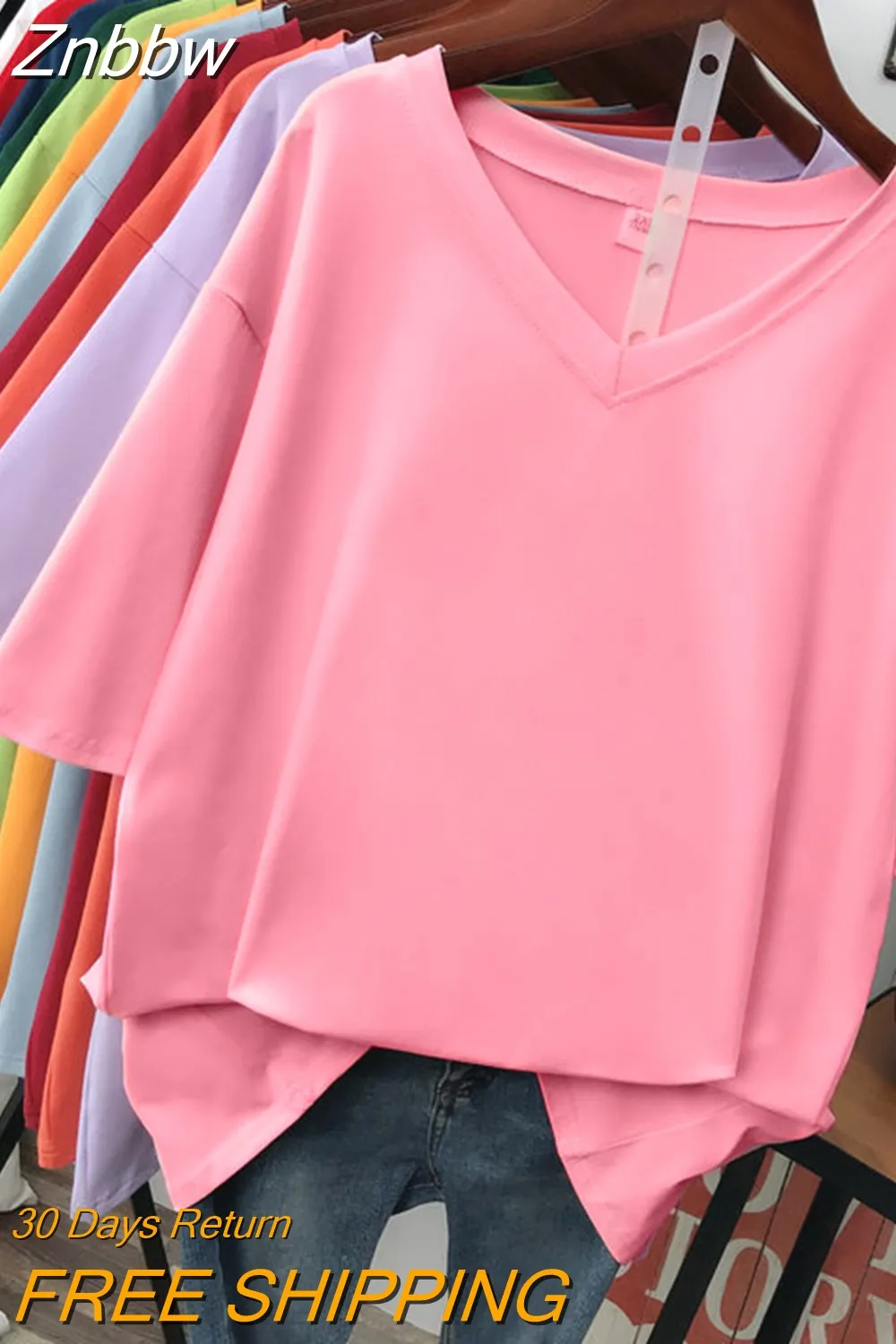 Znbbw 100% Cotton M-6XL T Shirt Solid V Neck Tshirt Short Sleeve Women's Top Basic Summer Couple Oversized T Shirts - Image 11