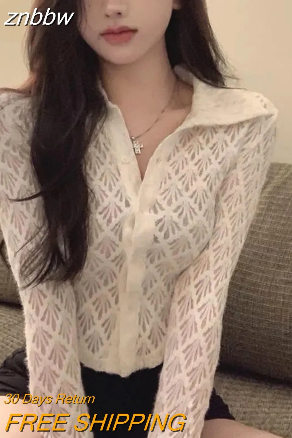 znbbw 2023 Summer Sexy Long Sleeve Lace White Shirt Women Street Style Y2K Button Transparent Crop Tops New Female Clothing - Image 3
