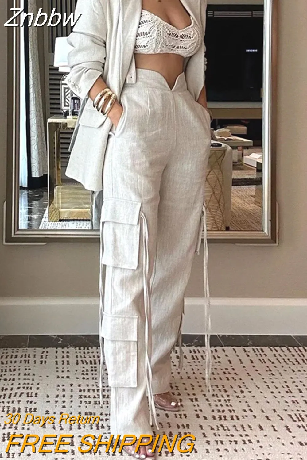 Znbbw Women Two Piece Set Autumn Fashion Solid Lapel Long Sleeve Loose Coat Top Casual With Pockets Cargo Pants Sets Streetwear