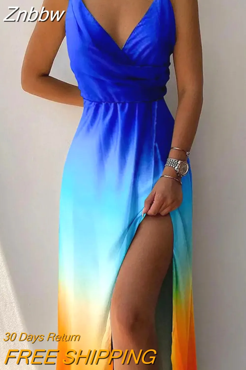 Znbbw Women Maxi Dress Sexy High Split Up Summer Colorful Print Elegant Dresses for Women 2023 V Neck Suspenders Party Robe Dress - Image 2