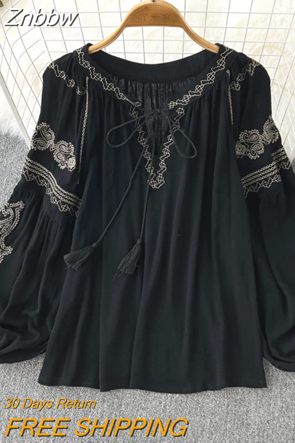Znbbw Versatile Embroidery Shirt Women's Spring Autumn 2023New V-Neck Long Sleeve Bohemian Loose Blouse Womens Tops G06 - Image 7
