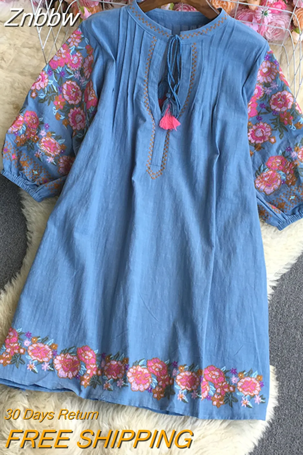 Znbbw Women Summer Dress Ethnic Style Gentle, Loose and Elegant Slim V-neck Retro Embroidered Dress Mid-length Dress D1834 - Image 6