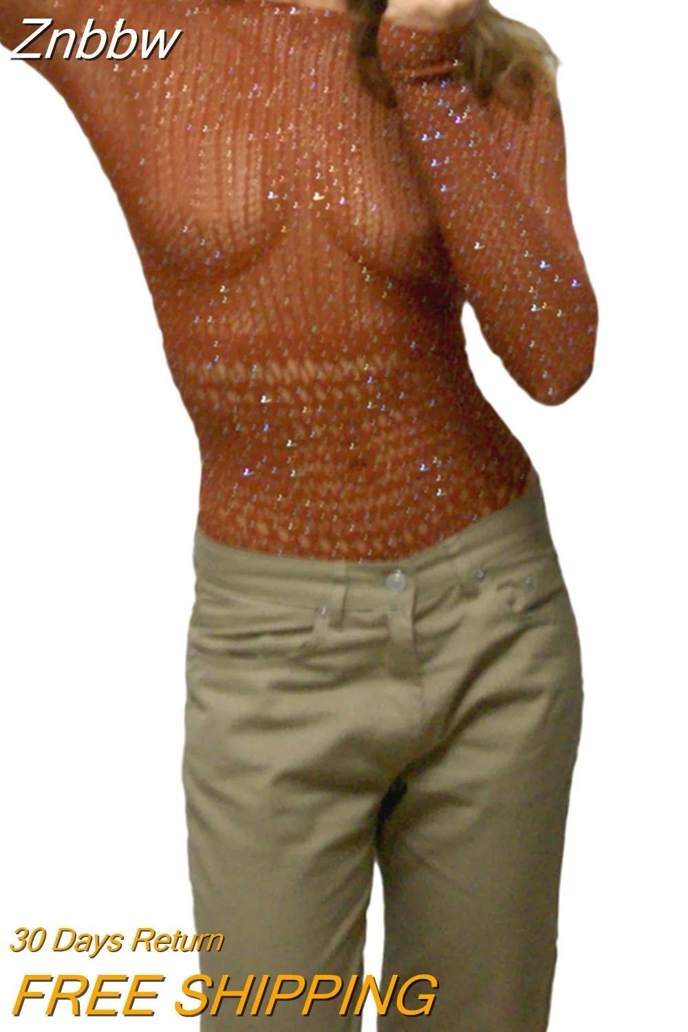 Znbbw Women??s Off Shoulder Bodysuit Shiny Rhinestone Long Sleeve Hollow Out Slim Fit Leotard Tops - Image 16