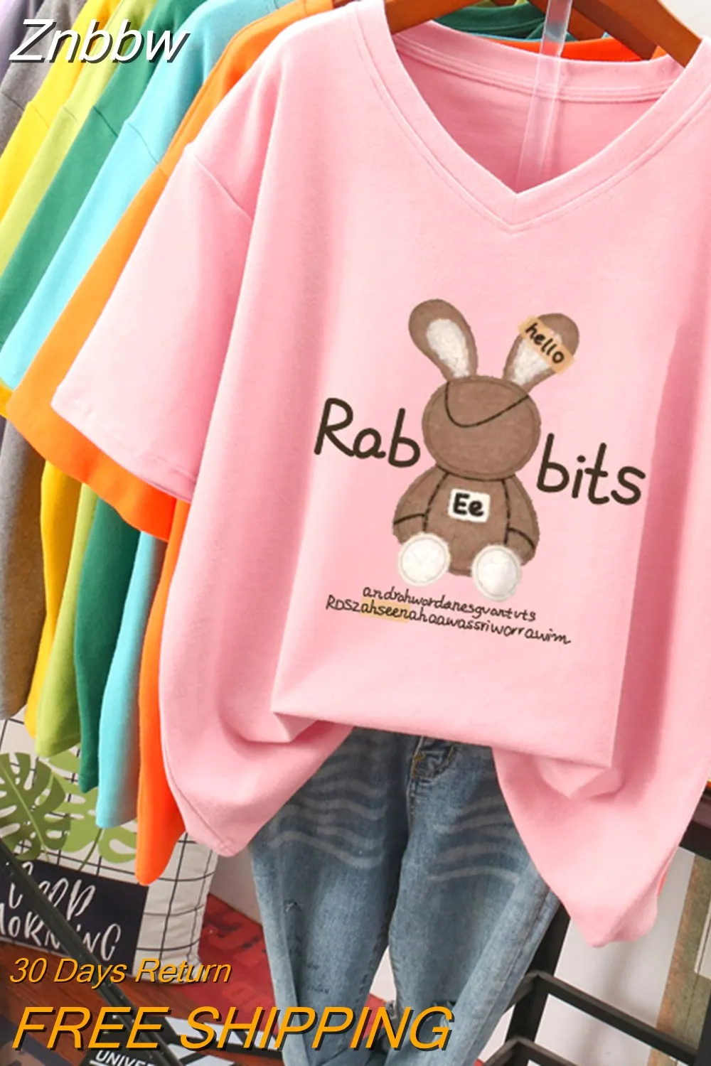 Znbbw 100 Cotton L-5XL Plus Size T Shirt Cartoon Print Tshirt Short Sleeve Women's Top Summer Kawaii Couple V Neck T Shirts - Image 4