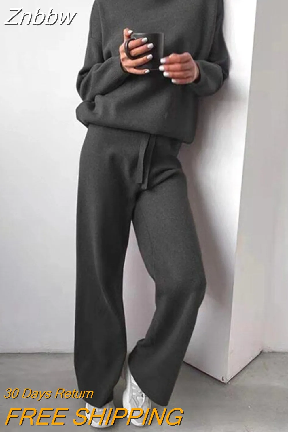 Znbbw Women Knitted Two Piece Set 2023 Autumn Solid Color Long Sleeve Turtleneck Sweater Casual Wide-Leg Straight Pant Loose Tracksuit - Image 2