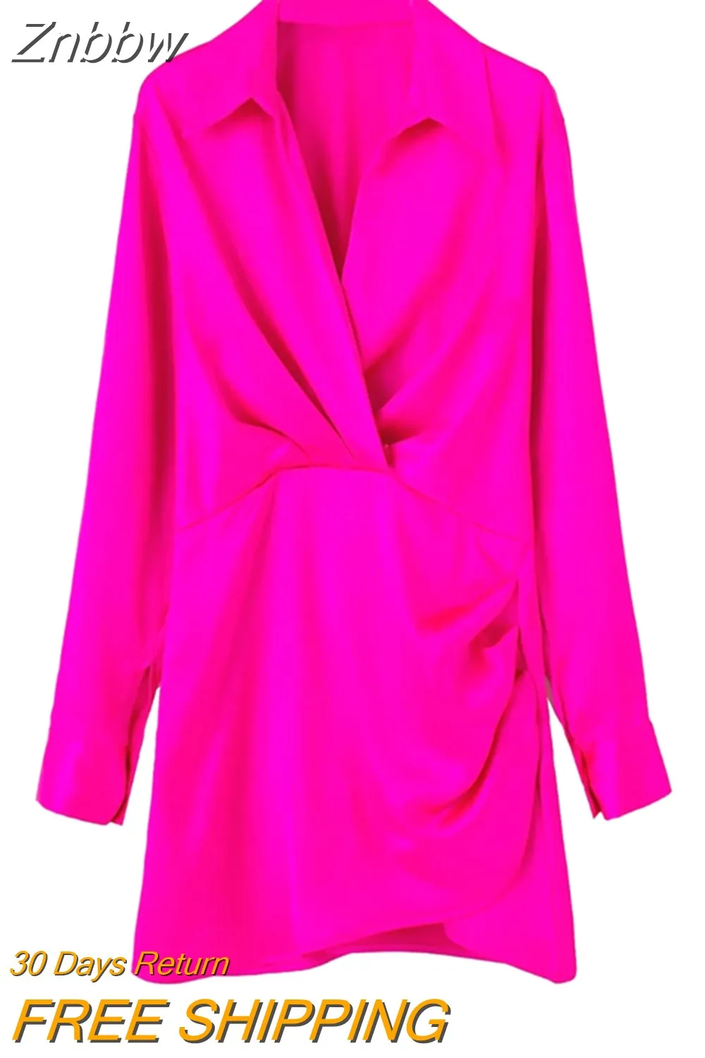 Znbbw 2023 Women Fashion Pleated Soft Touch Wrap Mini Dress Vintage Long Sleeve Side Buttons Female Dresses Vestidos 202304 - Image 7