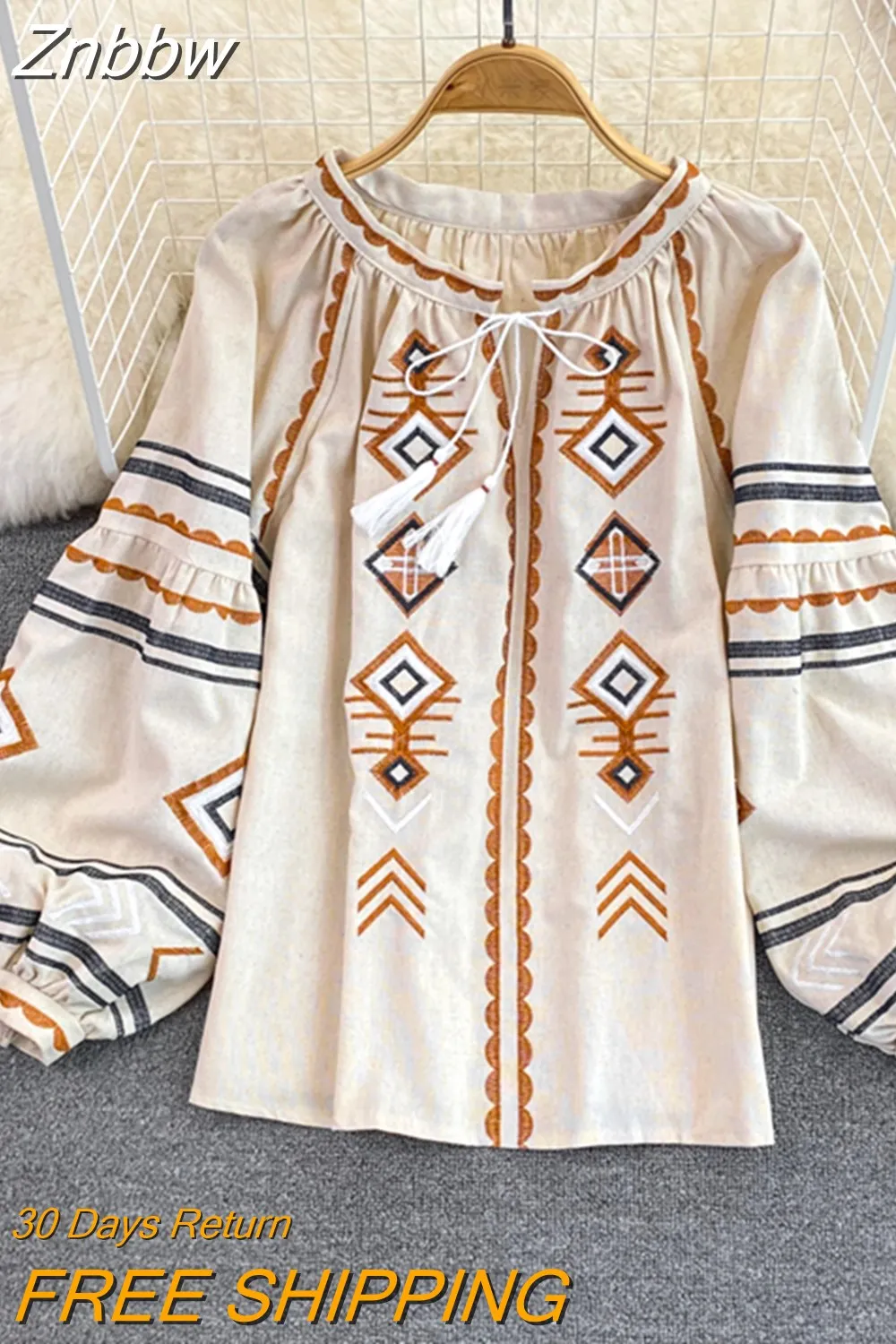 Znbbw Women Spring Autumn Blous Retro Loose Ethnic Style Embroidery Thin Lantern Sleeve Doll Top Female Pullover Shirt D3061 - Image 6