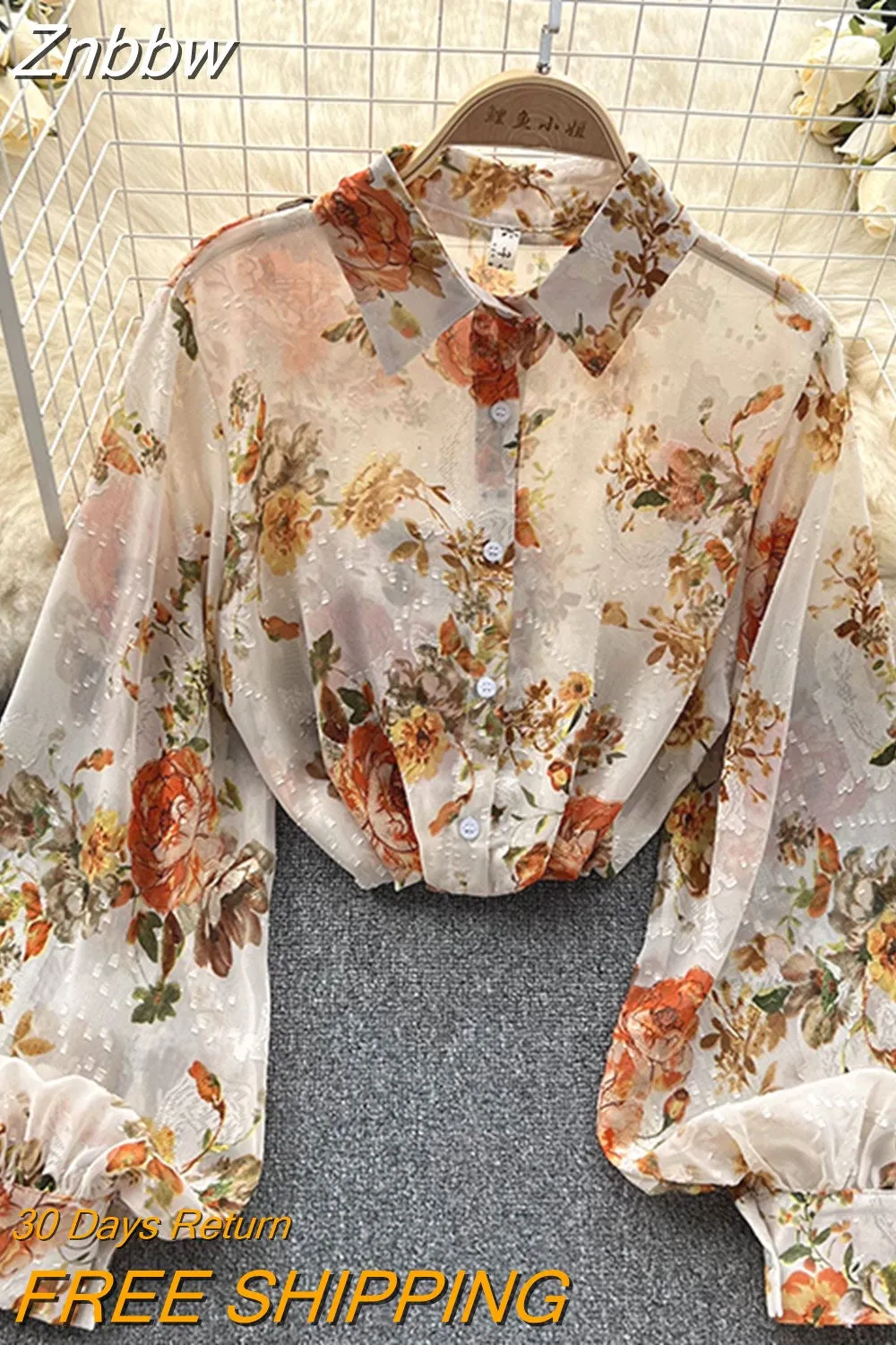 Znbbw Autumn Temperament Fashion Retro Chiffon Floral Blouses Print Loose Lapel Puff Sleeve Top Button Up Shirt Female GD611 - Image 15