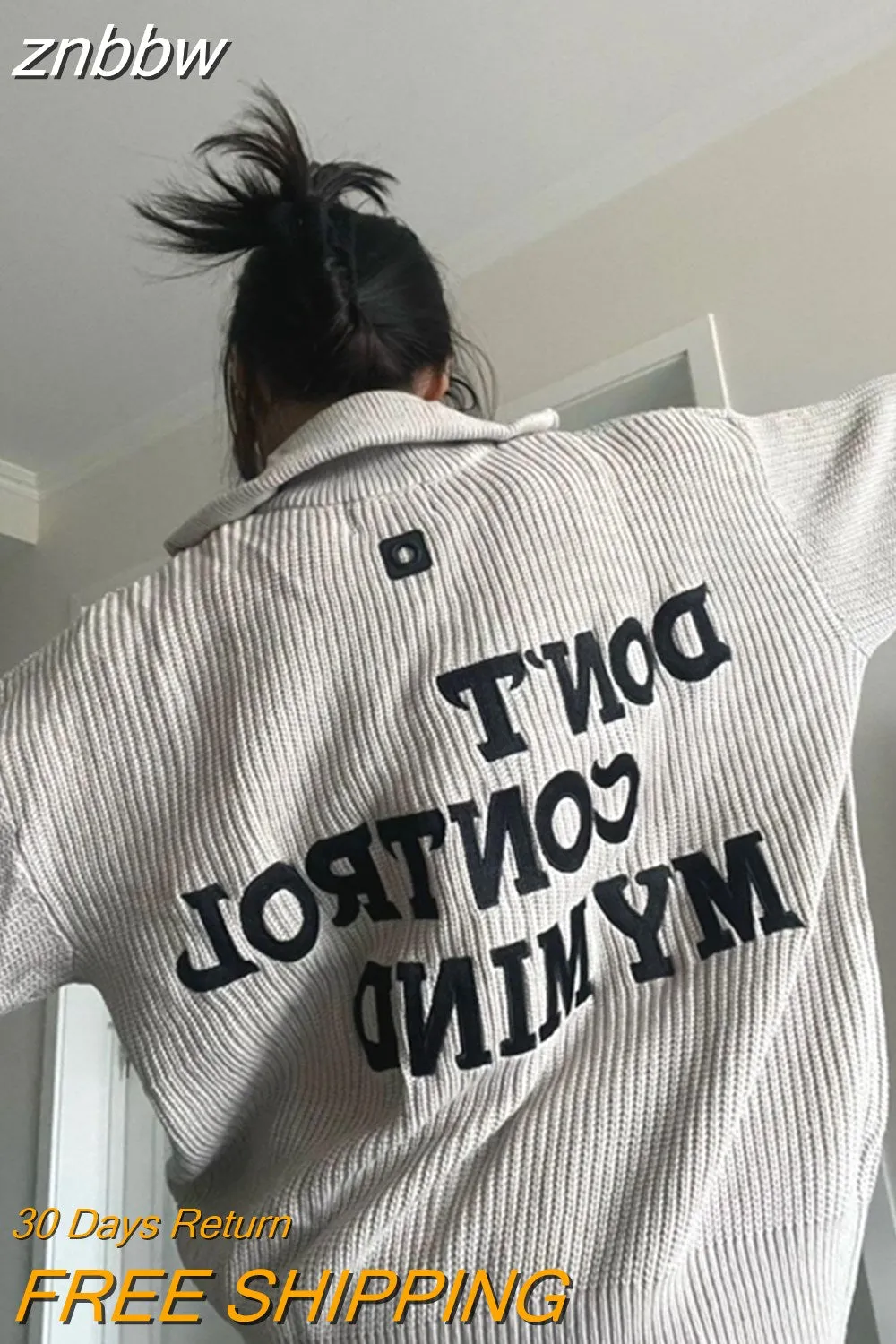 znbbw 2023 Winter Streetwear Long Sleeve Zipper Knit Cardigan Women Letter Appliques Oversize Ladies Sweater Casual Female Coat - Image 2