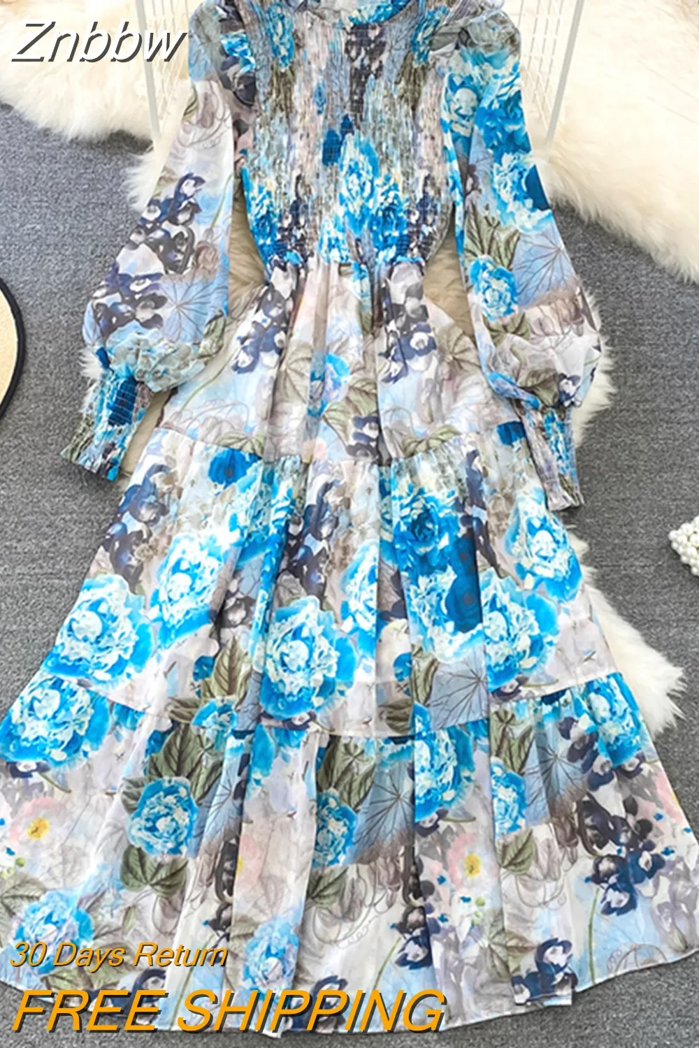 Znbbw Women's Spring Autumn Long Sleeved Chiffon Dress with Wooden Ear Edge Waist Closing Floral Holiday Big Hem Long Dress D2460 - Image 7