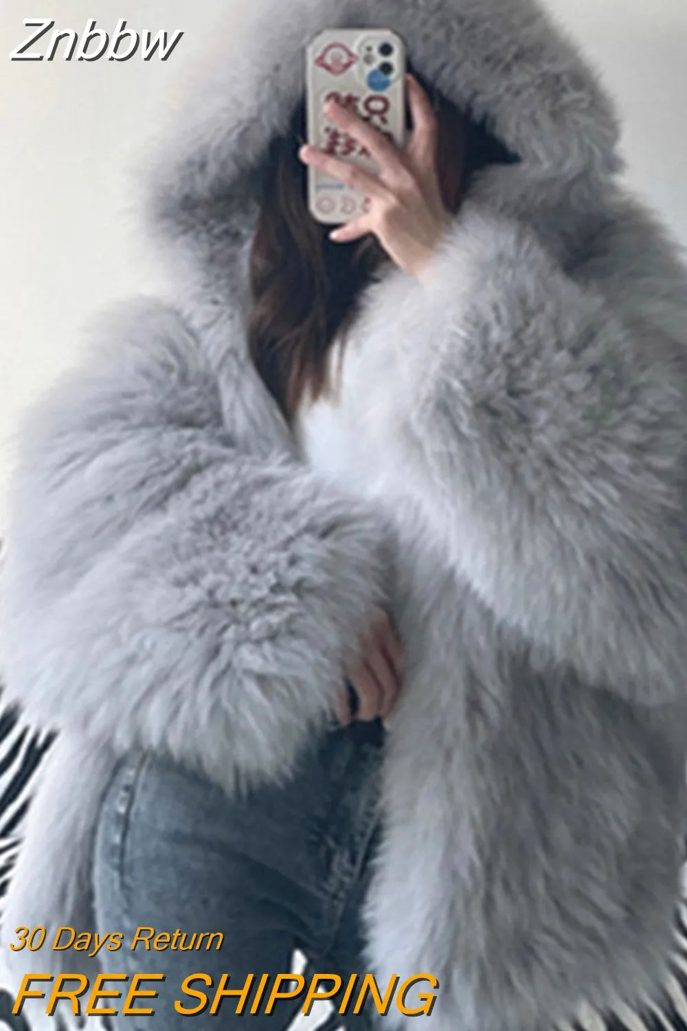 Znbbw Women Winter Loose Hooded Bat Full Sleeve Casual Faux Fur Jacket Lady Slim Thick Warm Soft Outwear 2023 New Fashion Overwear - Image 5