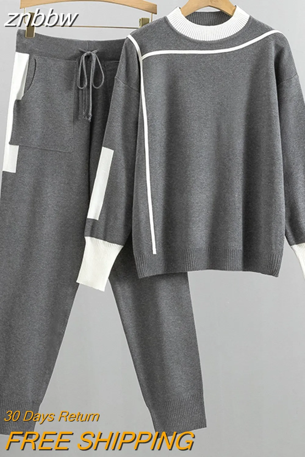 znbbw Autumn Winter 2 Pieces Set Knitted Long Sleeve Pullovers Sweater Casual Patchwork Fashion Women Tops And Pants Suits Spring - Image 3