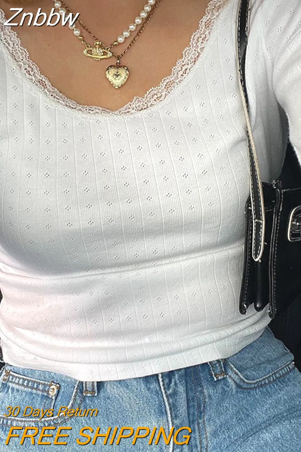 Znbbw y2k Hook Lace Frill Crop Top Full Sleeve White O Neck Cute Tee Women Aesthetic Korean Fashion Harajuku Basic T Shirt 90s - Image 2
